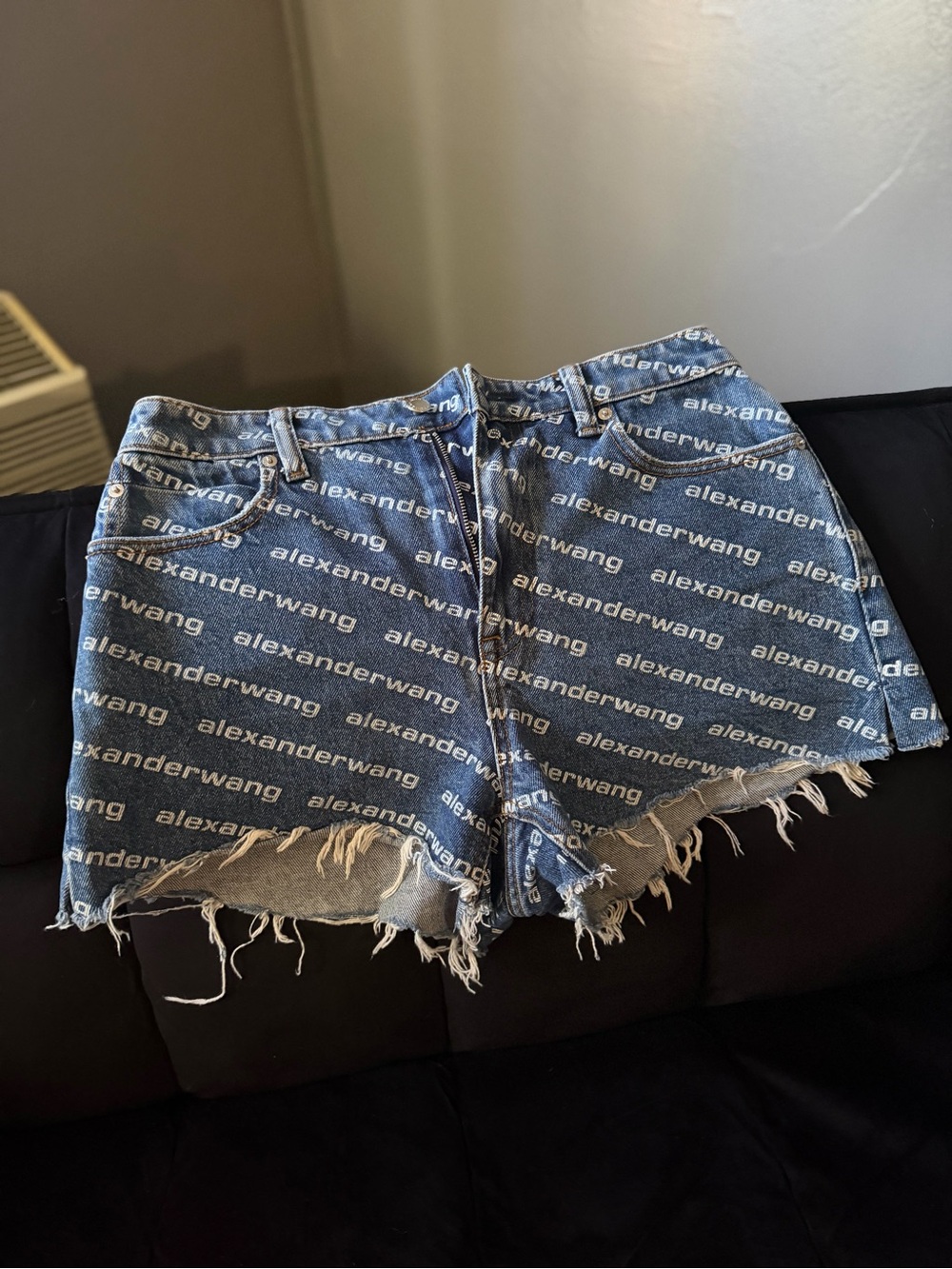 Alexander Wang Distressed Logo-Print Denim Cutoffs in Blue
